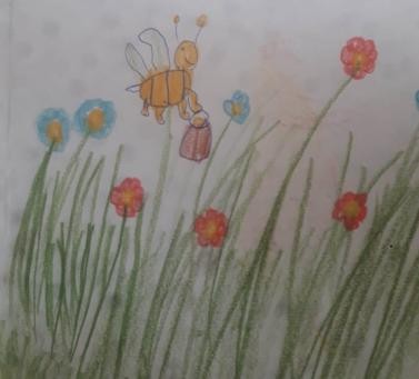 Das von einem Kind gemalte Bild zeigt eine Biene, die über eine Blumenwiese fliegt