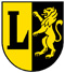 Das Wappen der Stadt Lorch: Links ein schwarzes L auf gelbem Grund sowie rechts ein gelber Löwe auf schwarzem Grund